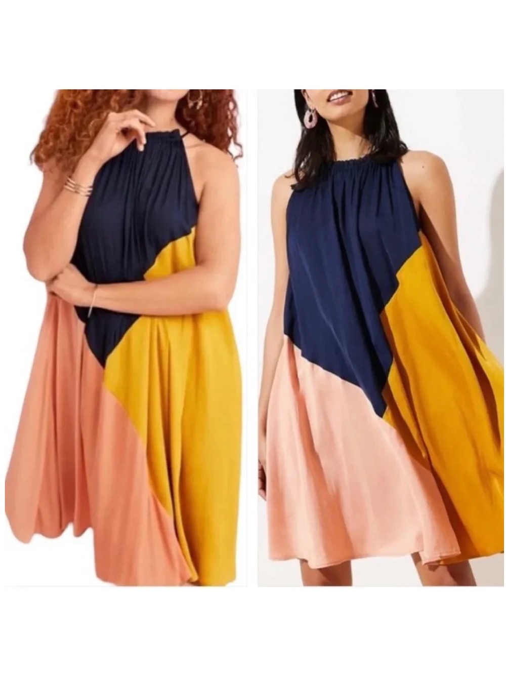 LOFT Women's Colorblock Halter Swing Dress Blue Gold Flowy Size Large